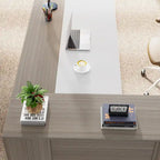 Bureau d'angle avec armoire et étagères, poste de travail double