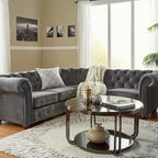 Canapé d'angle Chesterfield en L, en lin / velours / cuir reconstitué, 5 places