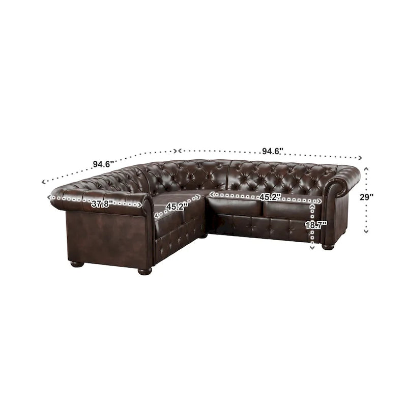 Canapé d'angle Chesterfield en L, en lin / velours / cuir reconstitué, 5 places