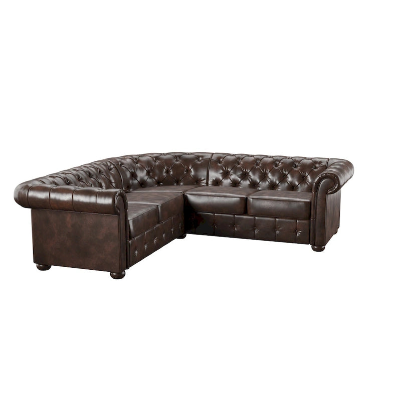 Canapé d'angle Chesterfield en L, en lin / velours / cuir reconstitué, 5 places