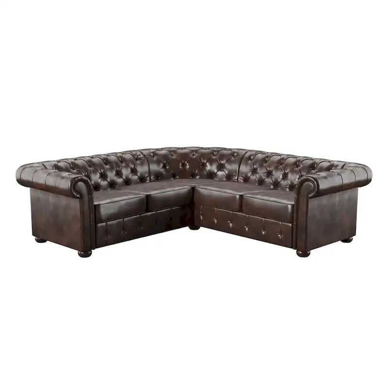Canapé d'angle Chesterfield en L, en lin / velours / cuir reconstitué, 5 places