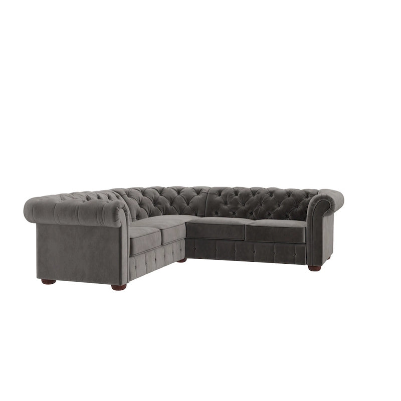 Canapé d'angle Chesterfield en L, en lin / velours / cuir reconstitué, 5 places