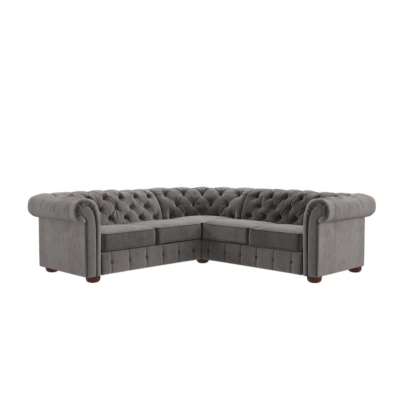 Canapé d'angle Chesterfield en L, en lin / velours / cuir reconstitué, 5 places