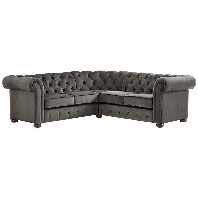 Canapé d'angle Chesterfield en L, en lin / velours / cuir reconstitué, 5 places