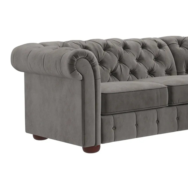 Canapé d'angle Chesterfield en L, en lin / velours / cuir reconstitué, 5 places