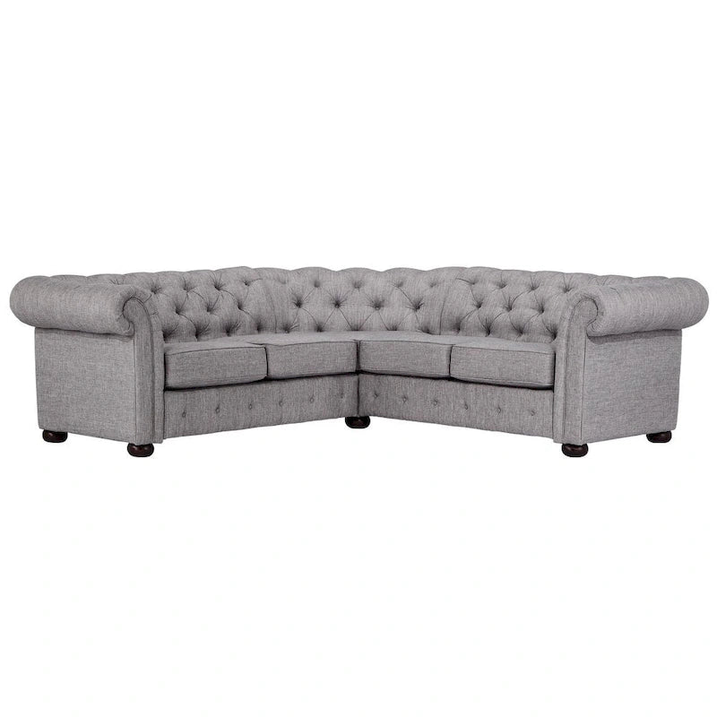 Canapé d'angle Chesterfield en L, en lin / velours / cuir reconstitué, 5 places