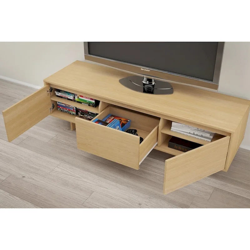Meuble TV 60" avec tiroir et rangement, beige/noyer, style scandinave, convient aux TV jusqu'à 66"