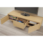 Meuble TV 60" avec tiroir et rangement, beige/noyer, style scandinave, convient aux TV jusqu'à 66"