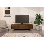 Meuble TV 60" avec tiroir et rangement, beige/noyer, style scandinave, convient aux TV jusqu'à 66"