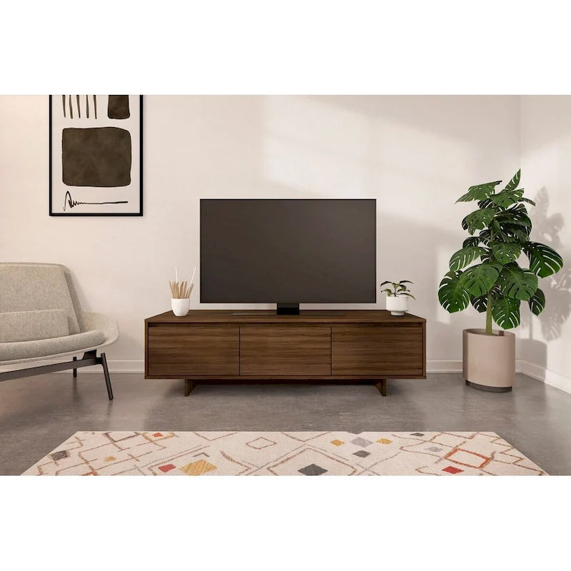 Meuble TV 60" avec tiroir et rangement, beige/noyer, style scandinave, convient aux TV jusqu'à 66"