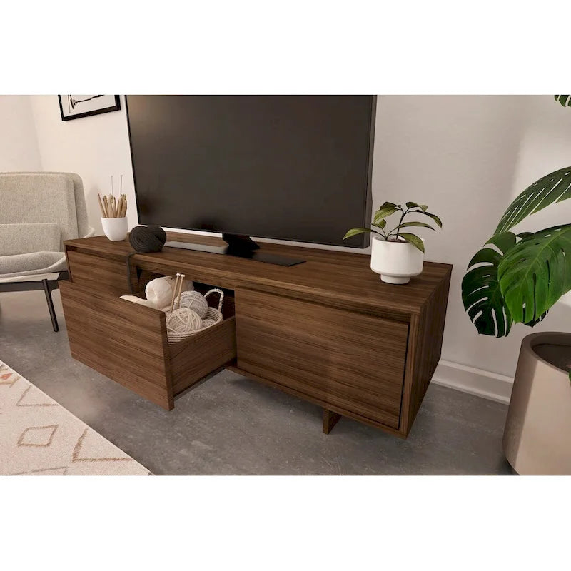 Meuble TV 60" avec tiroir et rangement, beige/noyer, style scandinave, convient aux TV jusqu'à 66"