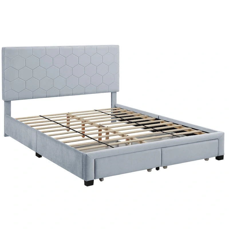 Lit de rangement tapissé en velours gris avec tête de lit hexagonale, Double/Queen