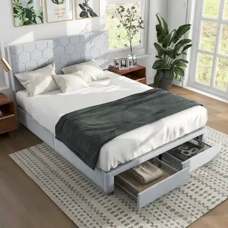 Lit de rangement tapissé en velours gris avec tête de lit hexagonale, Double/Queen