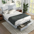 Lit de rangement tapissé en velours gris avec tête de lit hexagonale, Double/Queen
