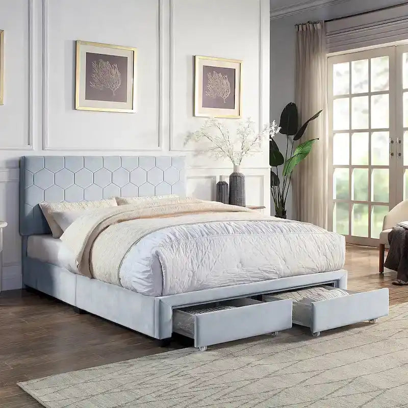 Lit de rangement tapissé en velours gris avec tête de lit hexagonale, Double/Queen