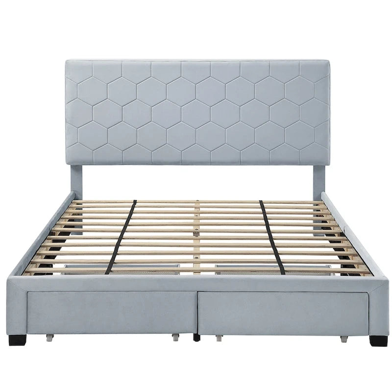Lit de rangement tapissé en velours gris avec tête de lit hexagonale, Double/Queen