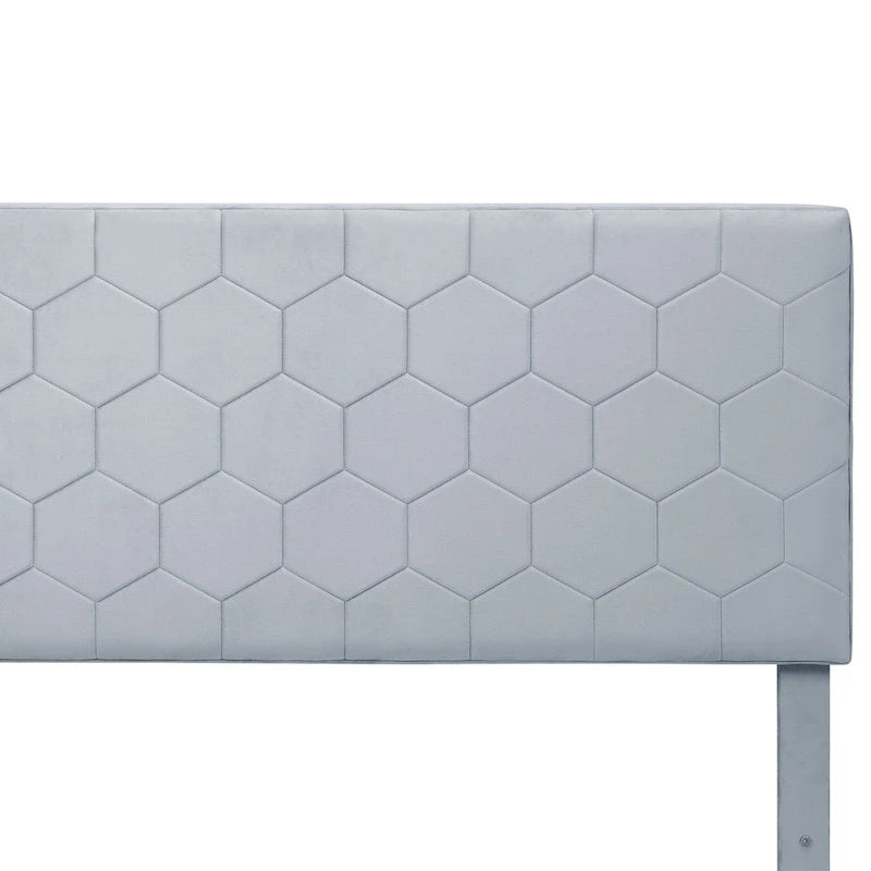 Lit de rangement tapissé en velours gris avec tête de lit hexagonale, Double/Queen