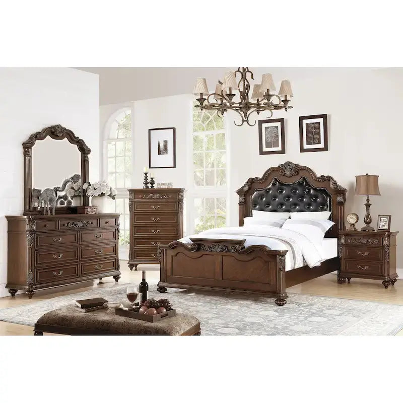 Lit en bois de cerisier foncé avec tête de lit capitonnée en forme de dos de chameau, Queen/King, 2 personnes