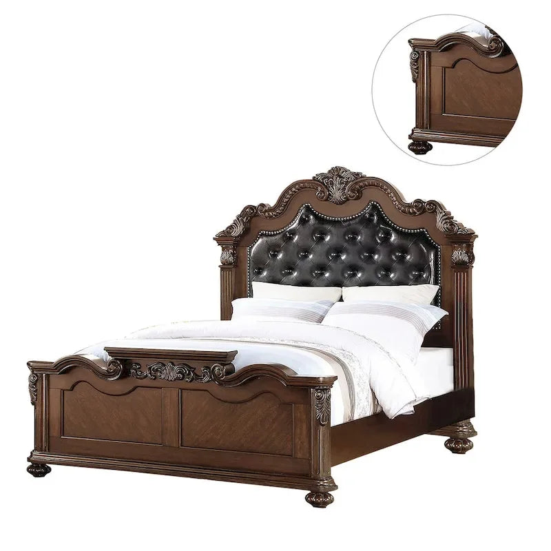 Lit en bois de cerisier foncé avec tête de lit capitonnée en forme de dos de chameau, Queen/King, 2 personnes