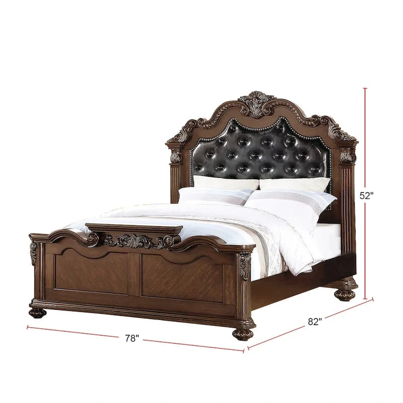 Lit en bois de cerisier foncé avec tête de lit capitonnée en forme de dos de chameau, Queen/King, 2 personnes