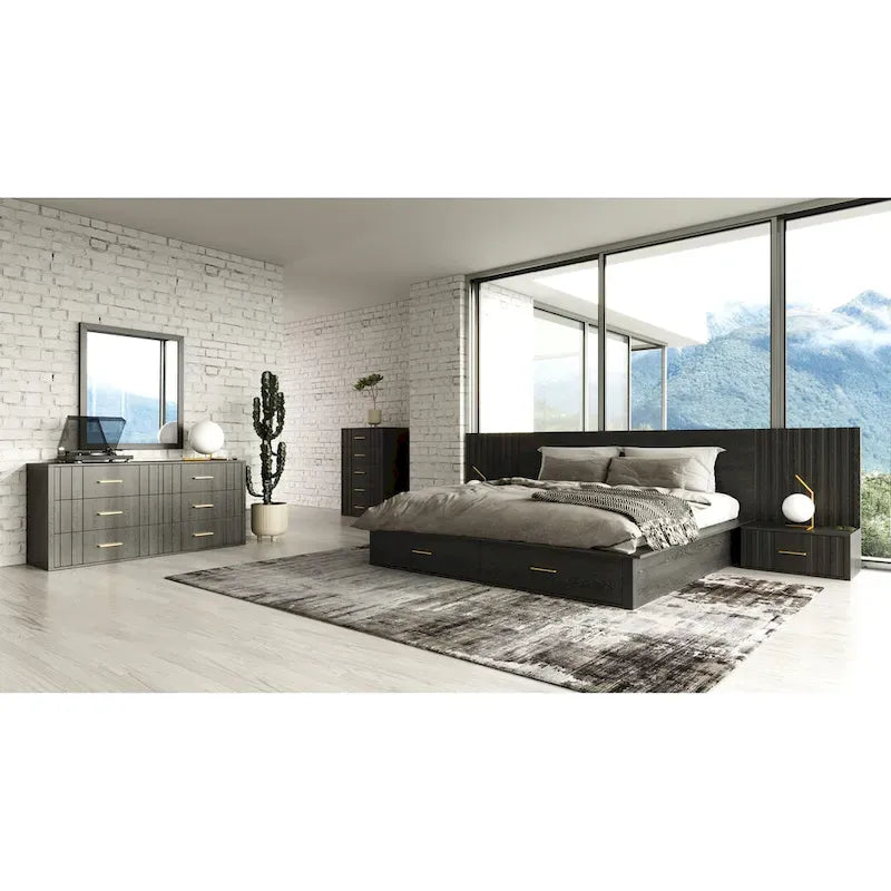 Lit plateforme contemporain Modrest Manchester gris foncé avec deux tables de chevet