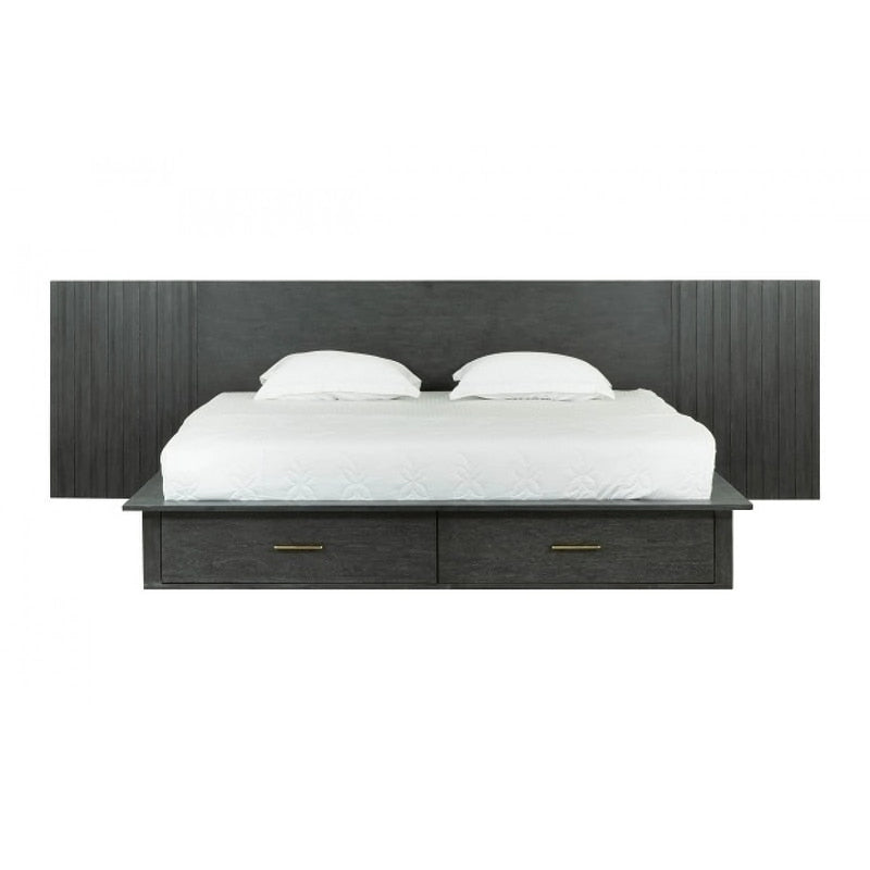 Lit plateforme contemporain Modrest Manchester gris foncé avec deux tables de chevet