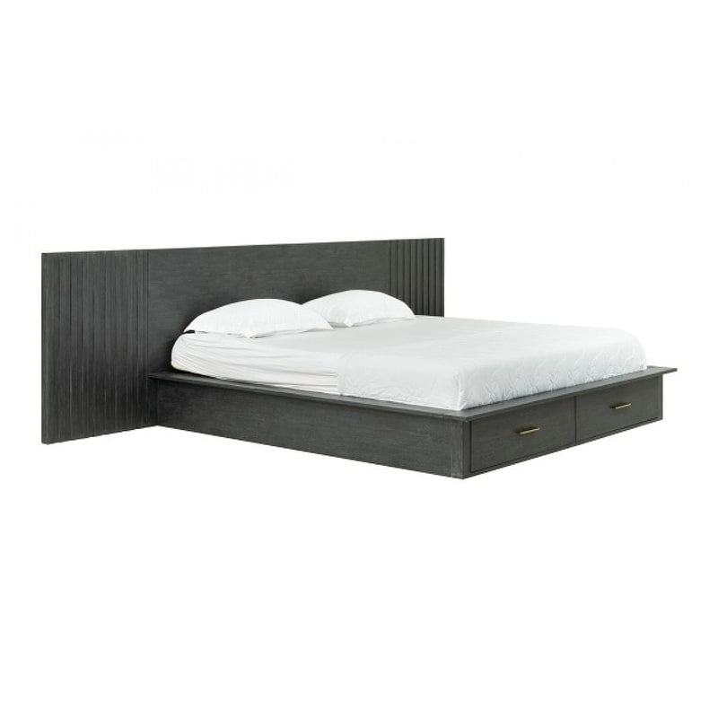 Lit plateforme contemporain Modrest Manchester gris foncé avec deux tables de chevet