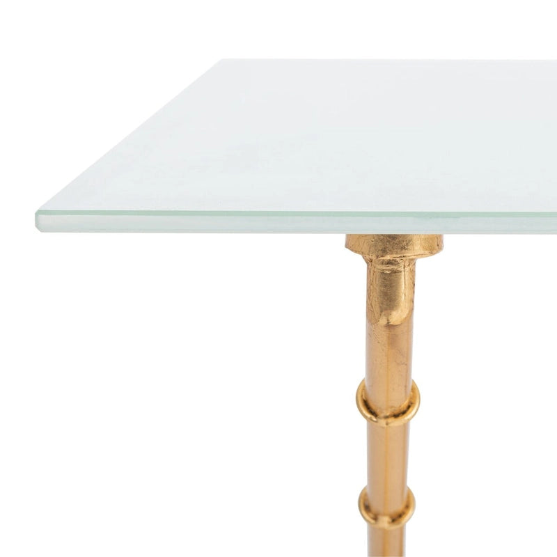 Table d'appoint en métal avec dessus en verre transparent/blanc et accents or/argent – 1 personne