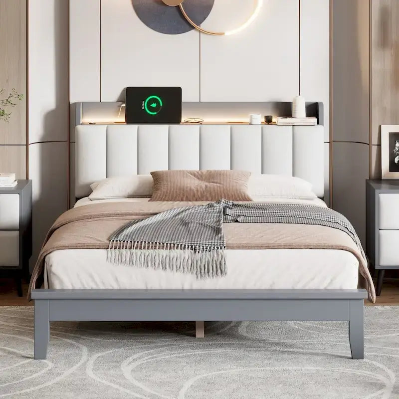 Lit plateforme tapissé noyer/gris avec tête de lit LED et chargement USB, grand lit/très grand lit, convient à 2 personnes