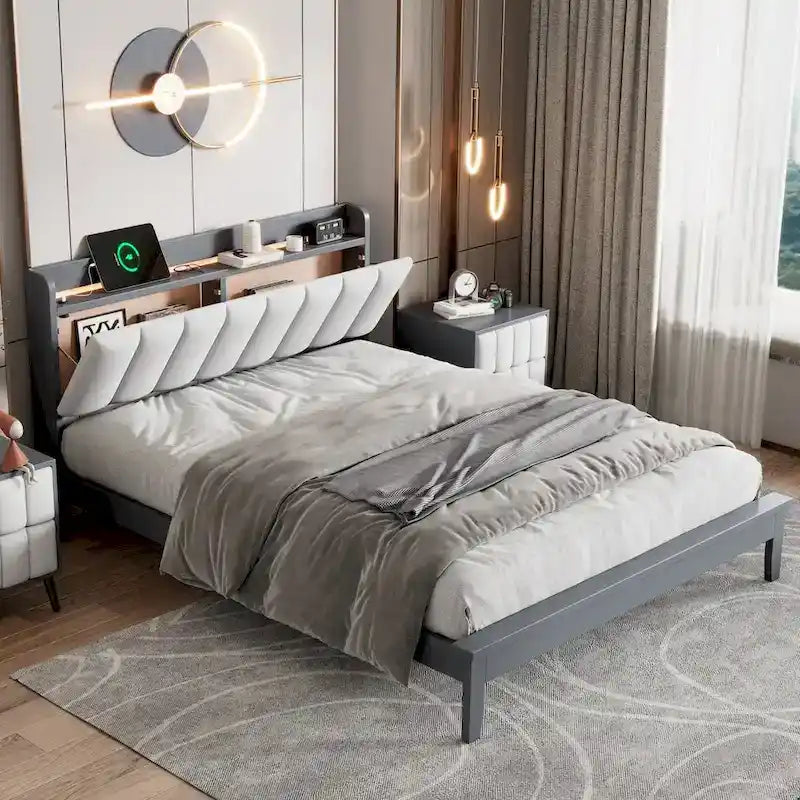 Lit plateforme tapissé noyer/gris avec tête de lit LED et chargement USB, grand lit/très grand lit, convient à 2 personnes
