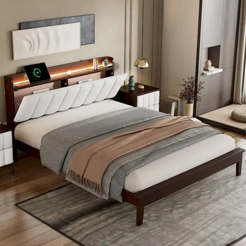 Lit plateforme tapissé noyer/gris avec tête de lit LED et chargement USB, grand lit/très grand lit, convient à 2 personnes
