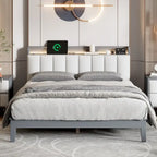 Lit plateforme tapissé noyer/gris avec tête de lit LED et chargement USB, grand lit/très grand lit, convient à 2 personnes