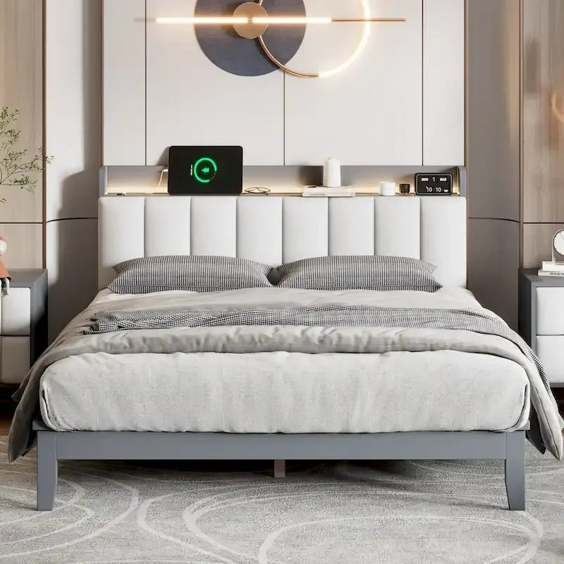 Lit plateforme tapissé noyer/gris avec tête de lit LED et chargement USB, grand lit/très grand lit, convient à 2 personnes
