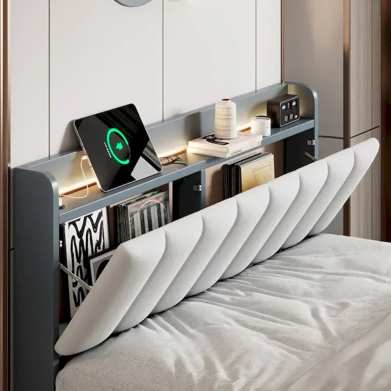 Lit plateforme tapissé noyer/gris avec tête de lit LED et chargement USB, grand lit/très grand lit, convient à 2 personnes