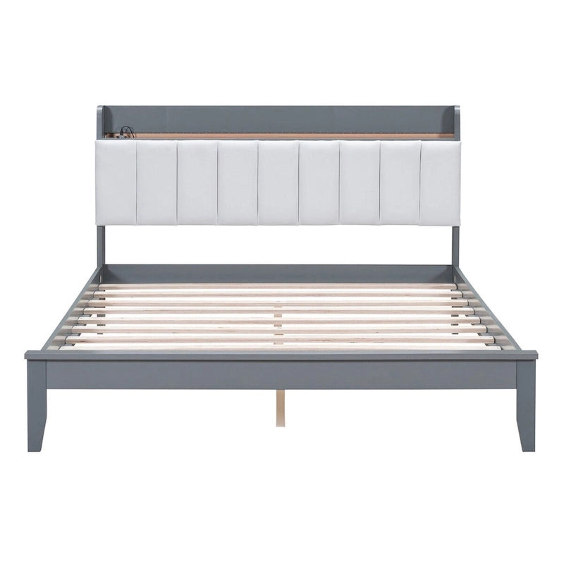 Lit plateforme tapissé noyer/gris avec tête de lit LED et chargement USB, grand lit/très grand lit, convient à 2 personnes