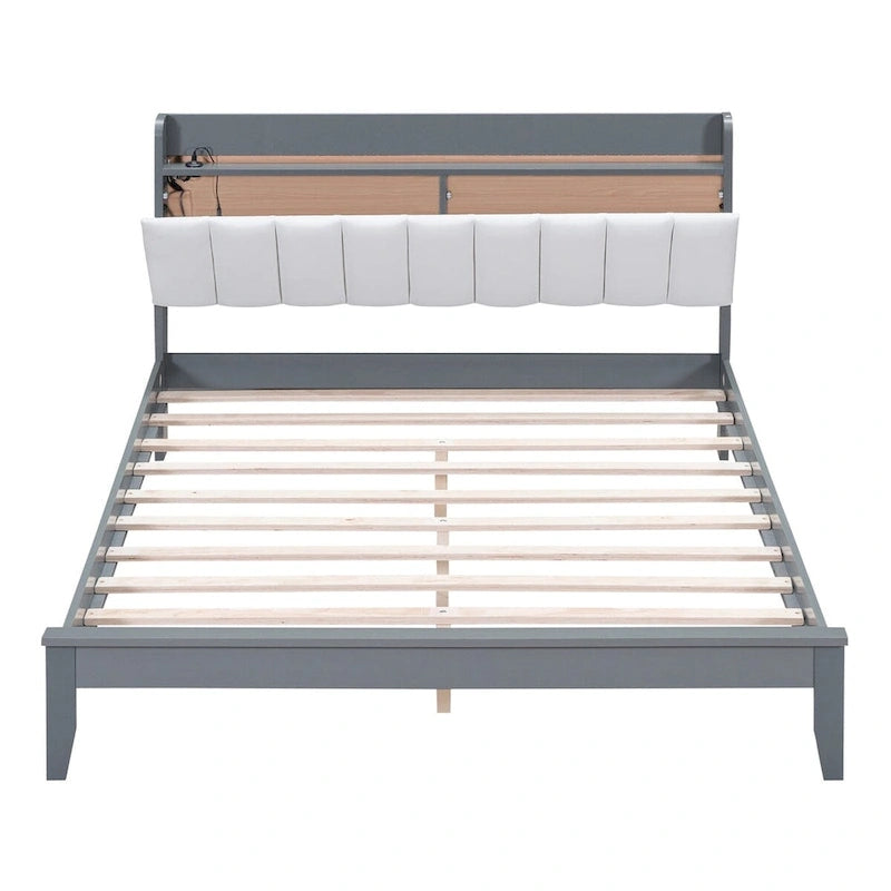 Lit plateforme tapissé noyer/gris avec tête de lit LED et chargement USB, grand lit/très grand lit, convient à 2 personnes