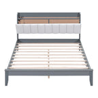 Lit plateforme tapissé noyer/gris avec tête de lit LED et chargement USB, grand lit/très grand lit, convient à 2 personnes