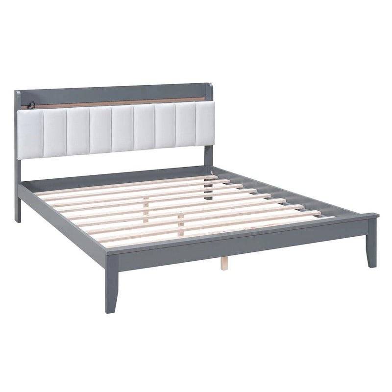 Lit plateforme tapissé noyer/gris avec tête de lit LED et chargement USB, grand lit/très grand lit, convient à 2 personnes
