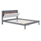 Lit plateforme tapissé noyer/gris avec tête de lit LED et chargement USB, grand lit/très grand lit, convient à 2 personnes