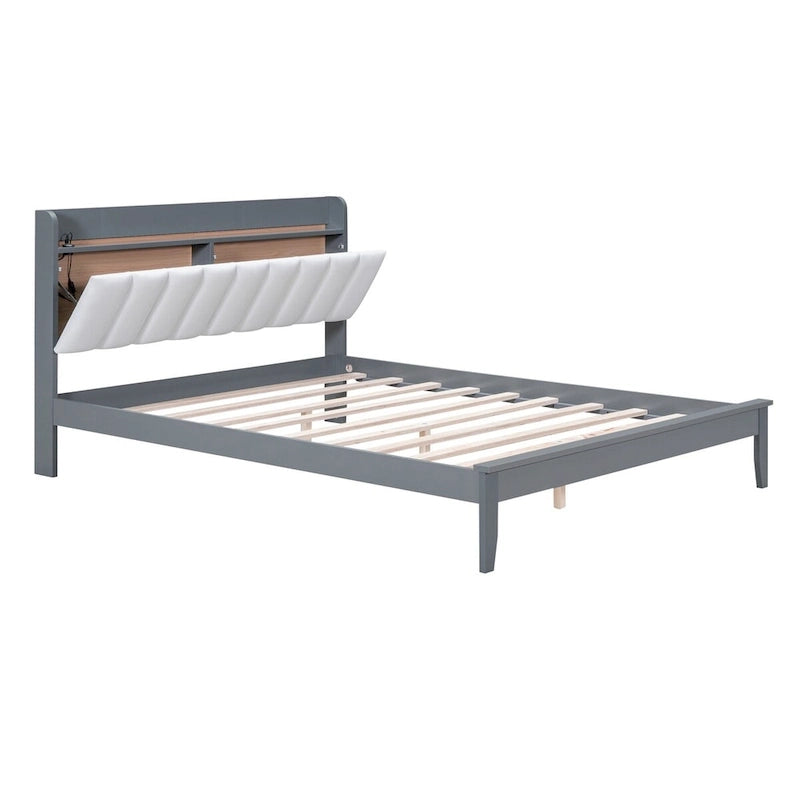 Lit plateforme tapissé noyer/gris avec tête de lit LED et chargement USB, grand lit/très grand lit, convient à 2 personnes