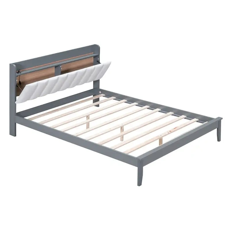 Lit plateforme tapissé noyer/gris avec tête de lit LED et chargement USB, grand lit/très grand lit, convient à 2 personnes