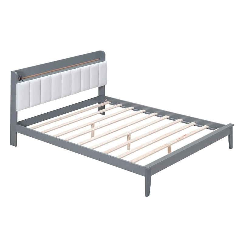 Lit plateforme tapissé noyer/gris avec tête de lit LED et chargement USB, grand lit/très grand lit, convient à 2 personnes