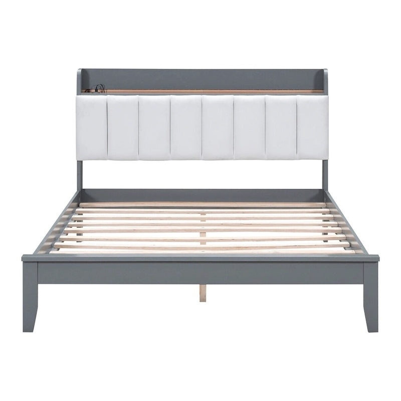 Lit plateforme tapissé noyer/gris avec tête de lit LED et chargement USB, grand lit/très grand lit, convient à 2 personnes