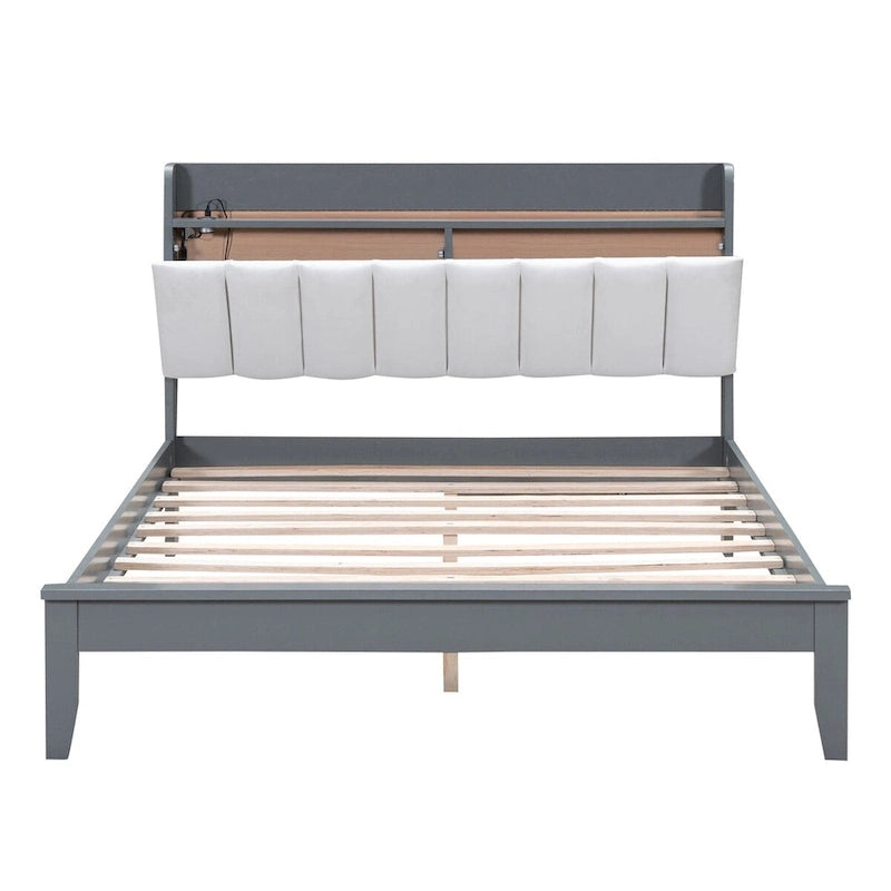 Lit plateforme tapissé noyer/gris avec tête de lit LED et chargement USB, grand lit/très grand lit, convient à 2 personnes