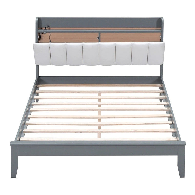Lit plateforme tapissé noyer/gris avec tête de lit LED et chargement USB, grand lit/très grand lit, convient à 2 personnes