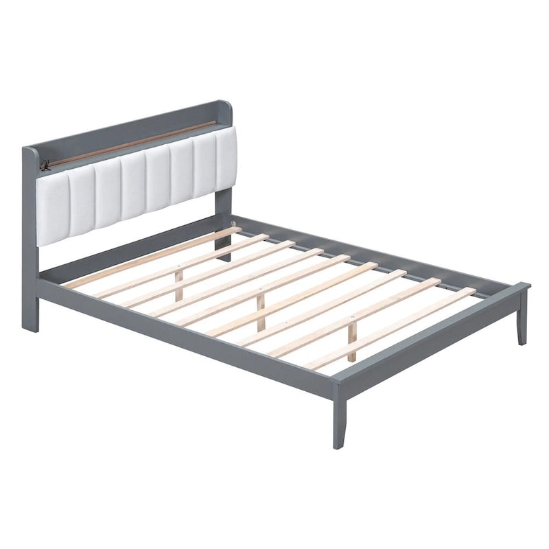Lit plateforme tapissé noyer/gris avec tête de lit LED et chargement USB, grand lit/très grand lit, convient à 2 personnes