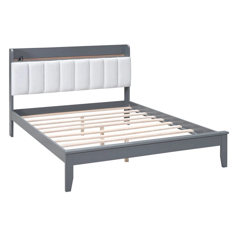 Lit plateforme tapissé noyer/gris avec tête de lit LED et chargement USB, grand lit/très grand lit, convient à 2 personnes