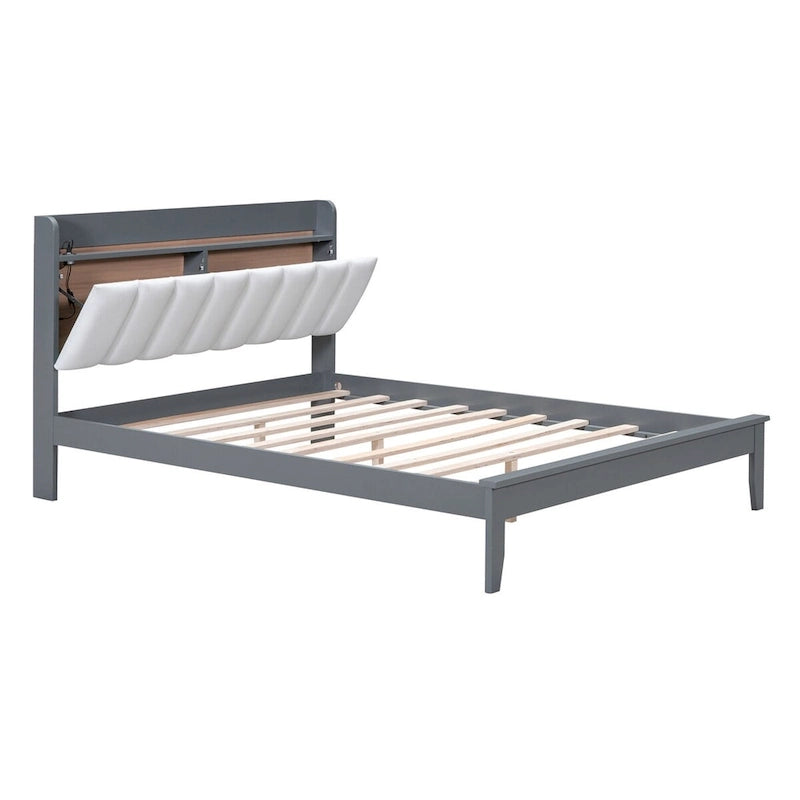 Lit plateforme tapissé noyer/gris avec tête de lit LED et chargement USB, grand lit/très grand lit, convient à 2 personnes