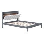 Lit plateforme tapissé noyer/gris avec tête de lit LED et chargement USB, grand lit/très grand lit, convient à 2 personnes