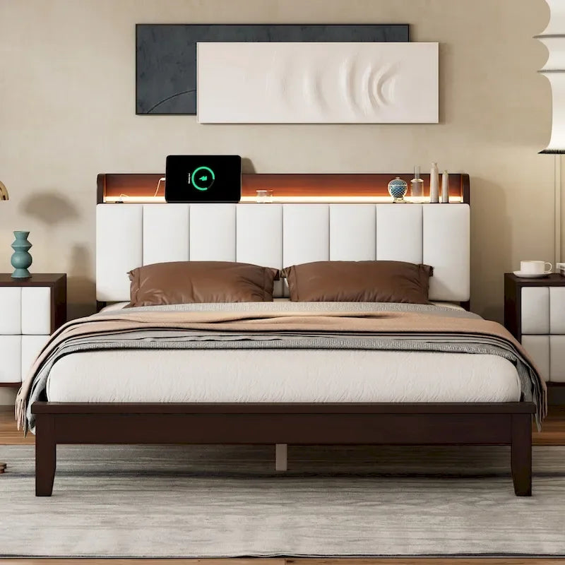Lit plateforme tapissé noyer/gris avec tête de lit LED et chargement USB, grand lit/très grand lit, convient à 2 personnes